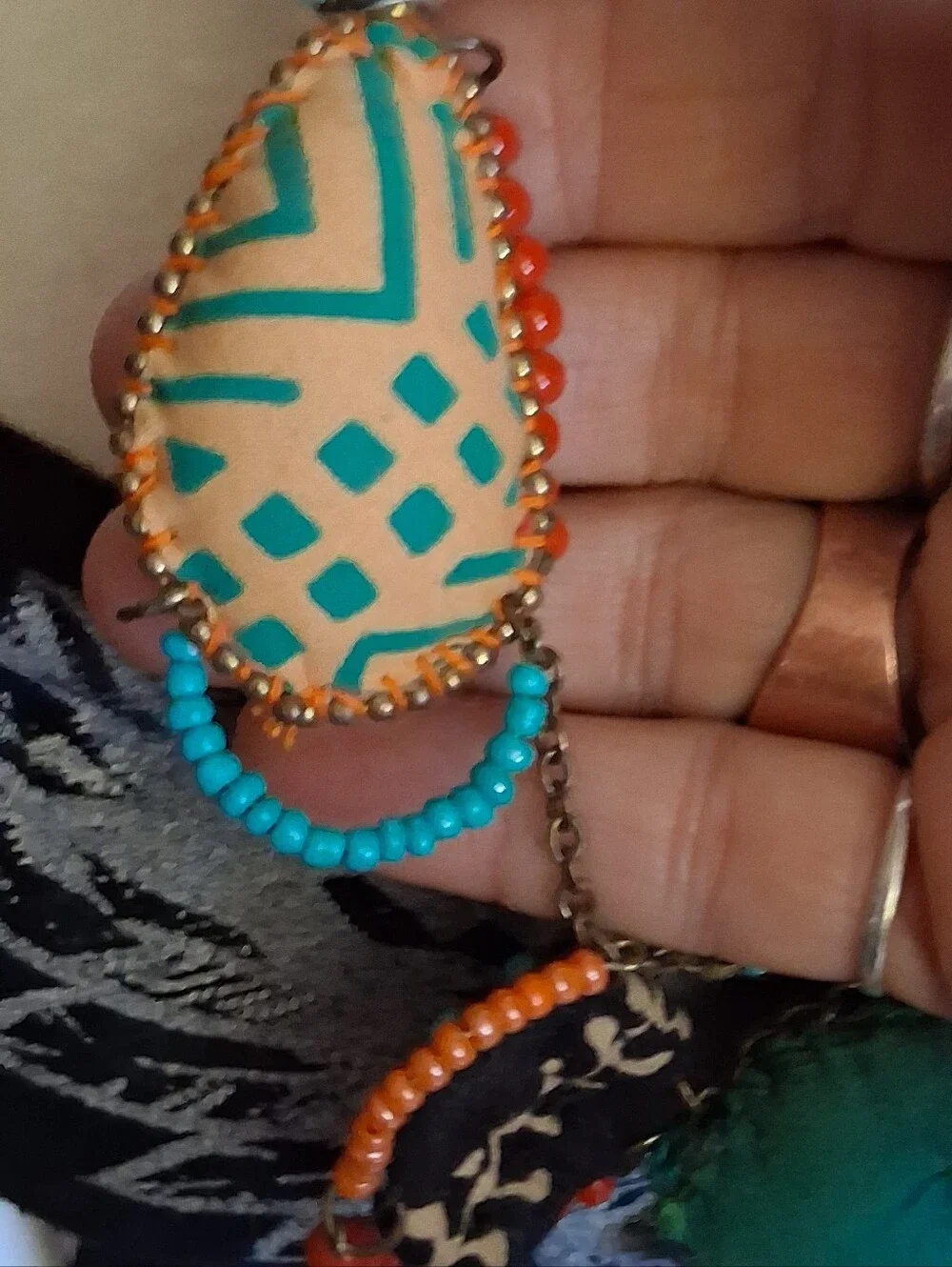 Boho Turquoise and Gold Fabric Pendant Necklace - Women Jewelry